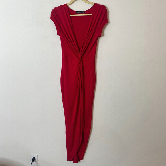 Sabora Crimson Red Sexy Deep-V Twist Front Cap Sleeve Bodycon Maxi Dress Medium - Picture 3 of 10